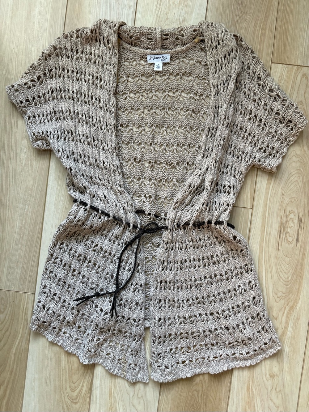 Vintage Boho Cottage Crochet Short-Sleeve Cardigan with Braided Leather Tie